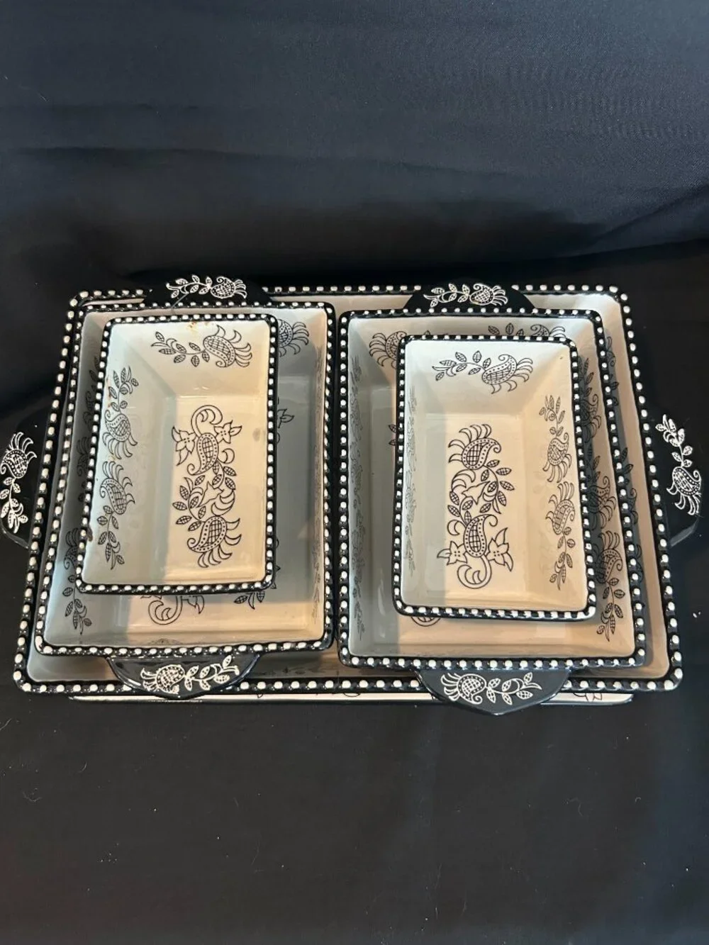 Black White Paisley 5-Piece Nesting Serving Dish Set - Tray + Dishes
